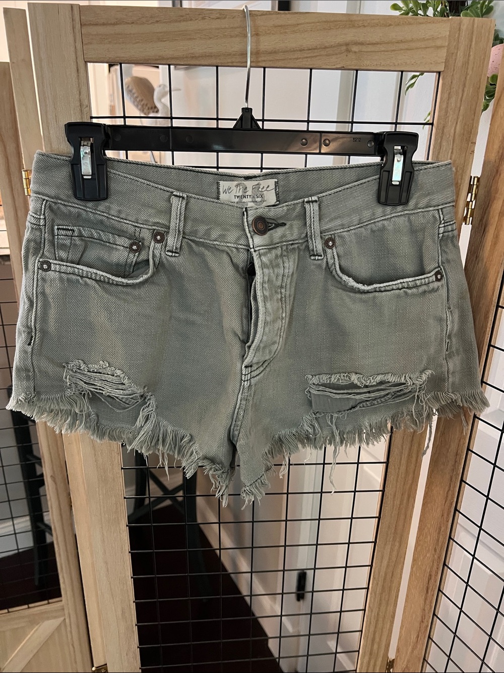 We The Free Sage Green Distressed Denim Cutoff Shorts